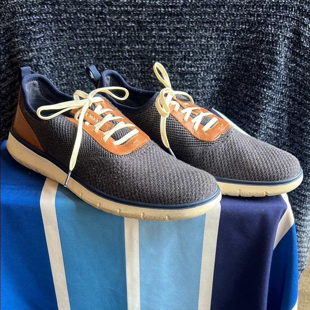 Cole Haan Navy Knit Athletic Sneakers with Tan Leather Accents